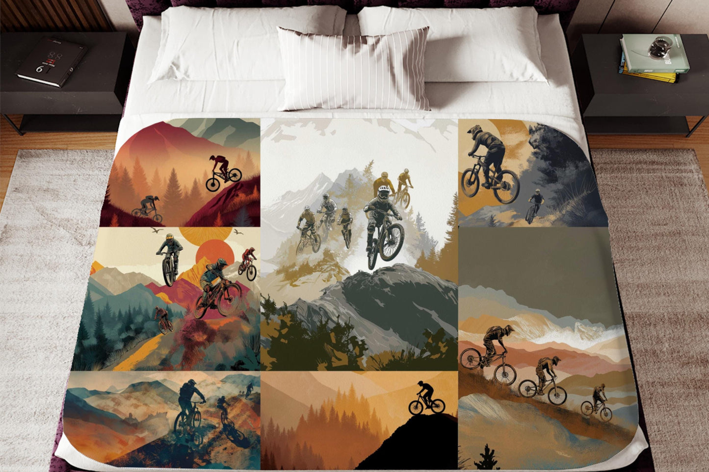 Mountain Bike Collage Sherpa Blanket – Trail Rider Art, MTB Adventure Throw, Cyclist Gift