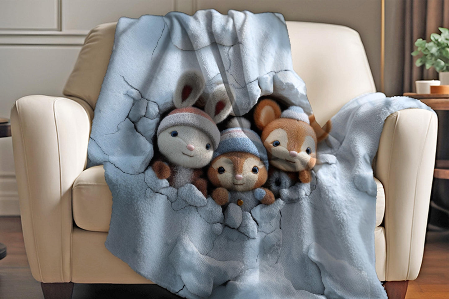 Winter Plush Animal Sherpa Blanket – Cute Snow Creatures, Cozy Kids Decor, Soft Holiday Throw