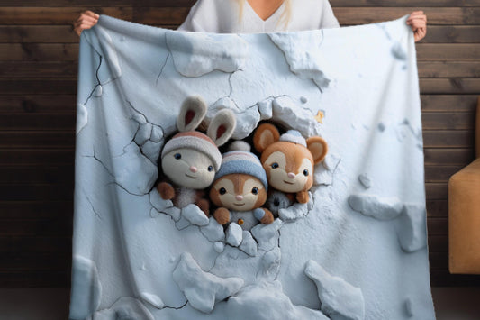 Winter Plush Animal Sherpa Blanket – Cute Snow Creatures, Cozy Kids Decor, Soft Holiday Throw