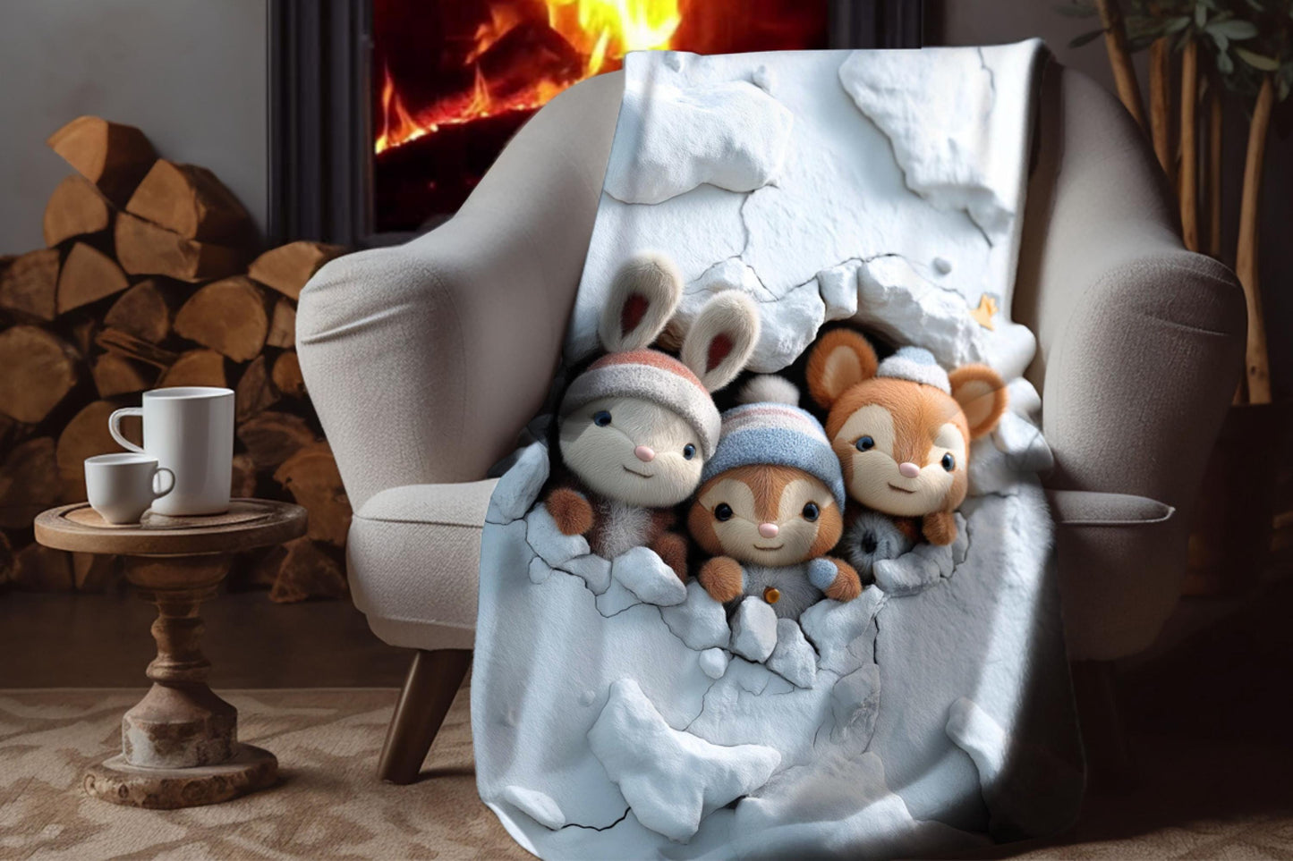 Winter Plush Animal Sherpa Blanket – Cute Snow Creatures, Cozy Kids Decor, Soft Holiday Throw