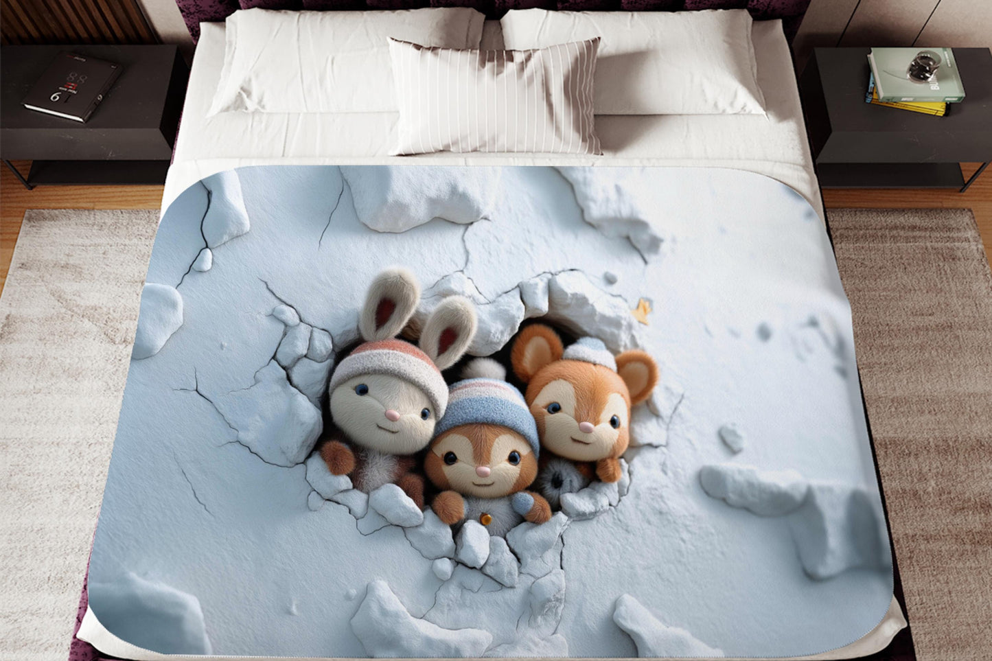 Winter Plush Animal Sherpa Blanket – Cute Snow Creatures, Cozy Kids Decor, Soft Holiday Throw