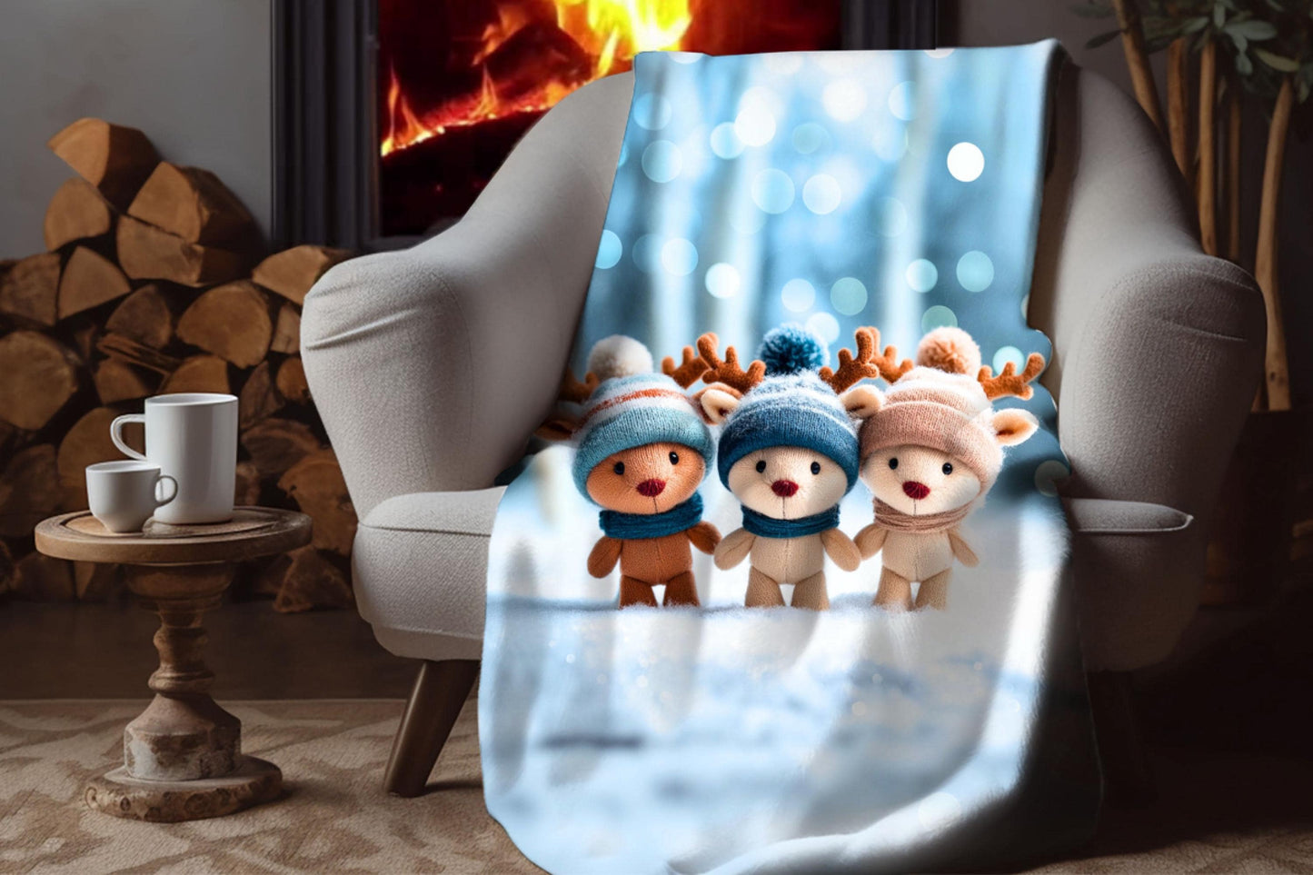 Winter Reindeer Plush Sherpa Blanket – Cute Holiday Animals, Cozy Kids Christmas Throw