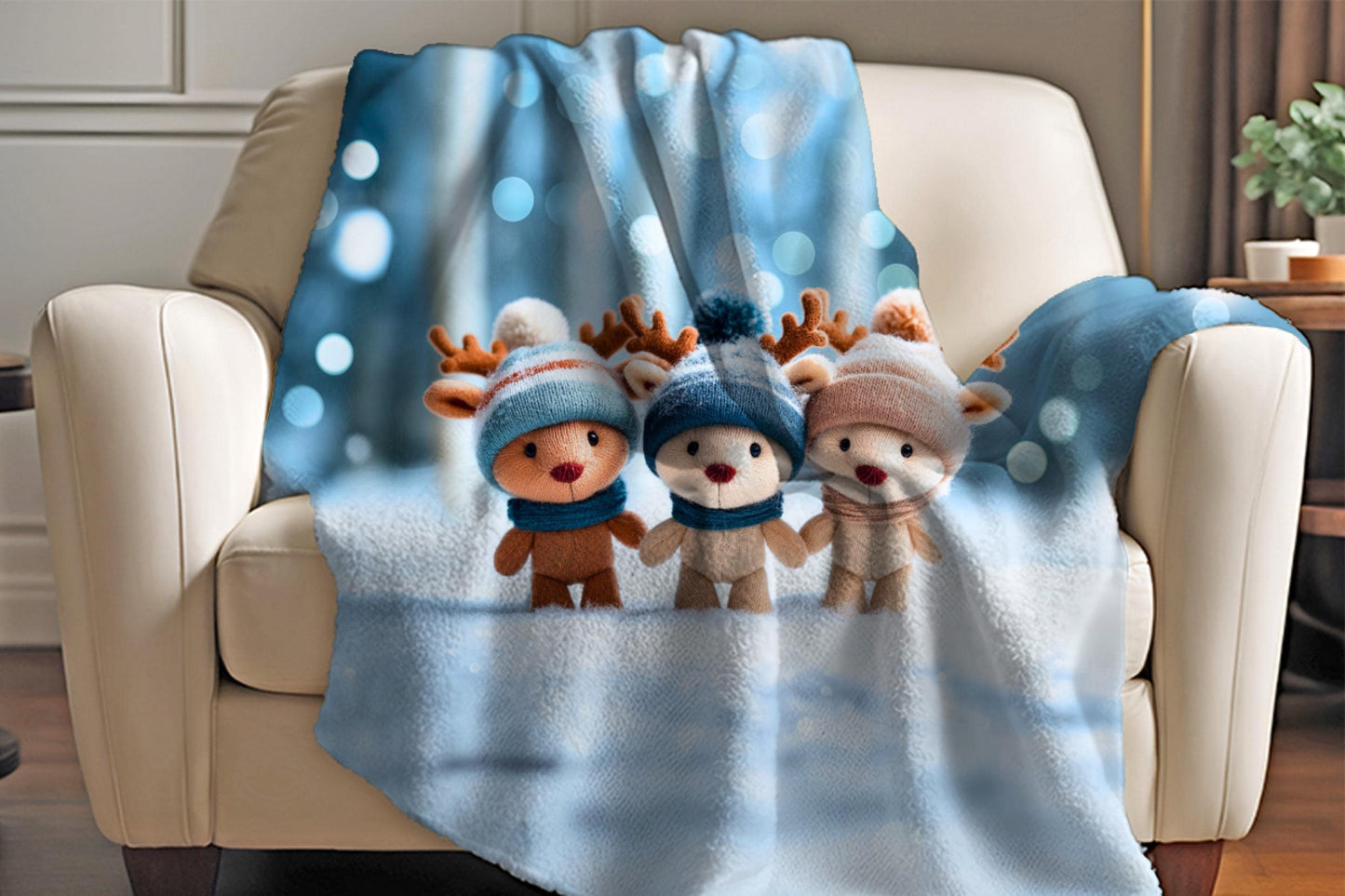 Winter Reindeer Plush Sherpa Blanket – Cute Holiday Animals, Cozy Kids Christmas Throw