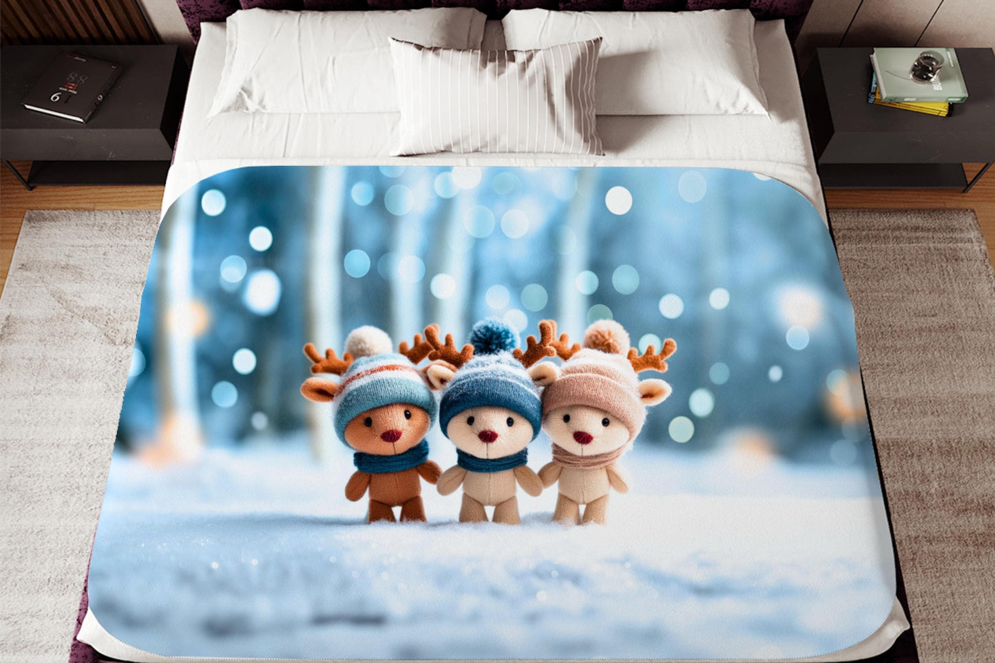 Winter Reindeer Plush Sherpa Blanket – Cute Holiday Animals, Cozy Kids Christmas Throw