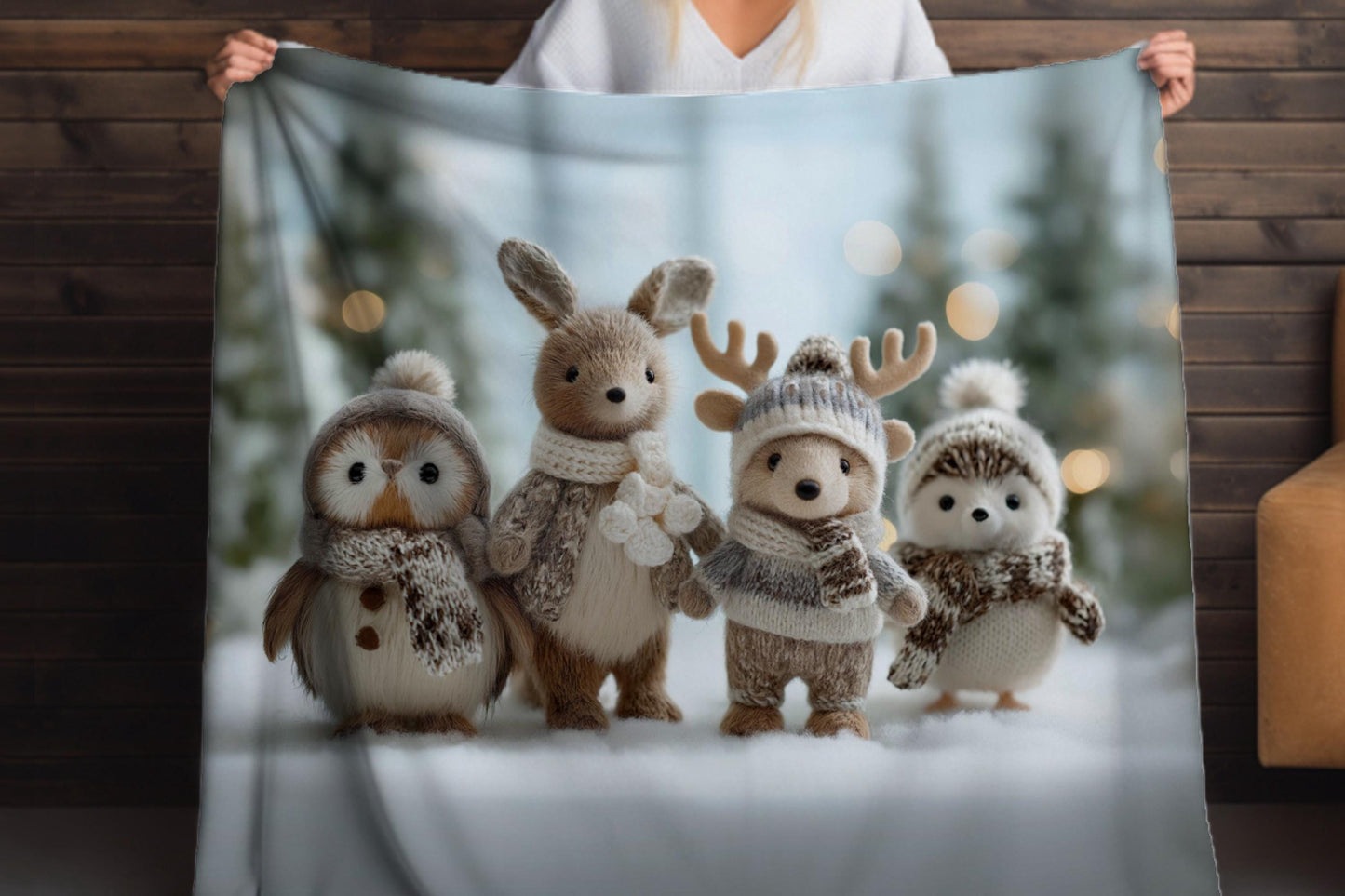 Winter Woodland Animal Sherpa Blanket – Cozy Plush Creatures, Neutral Holiday Kids Throw