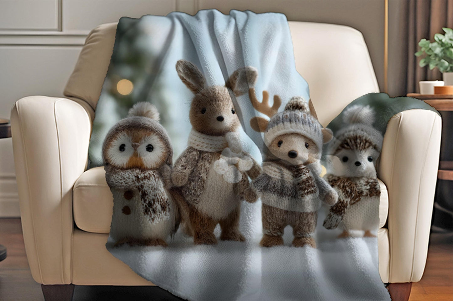 Winter Woodland Animal Sherpa Blanket – Cozy Plush Creatures, Neutral Holiday Kids Throw