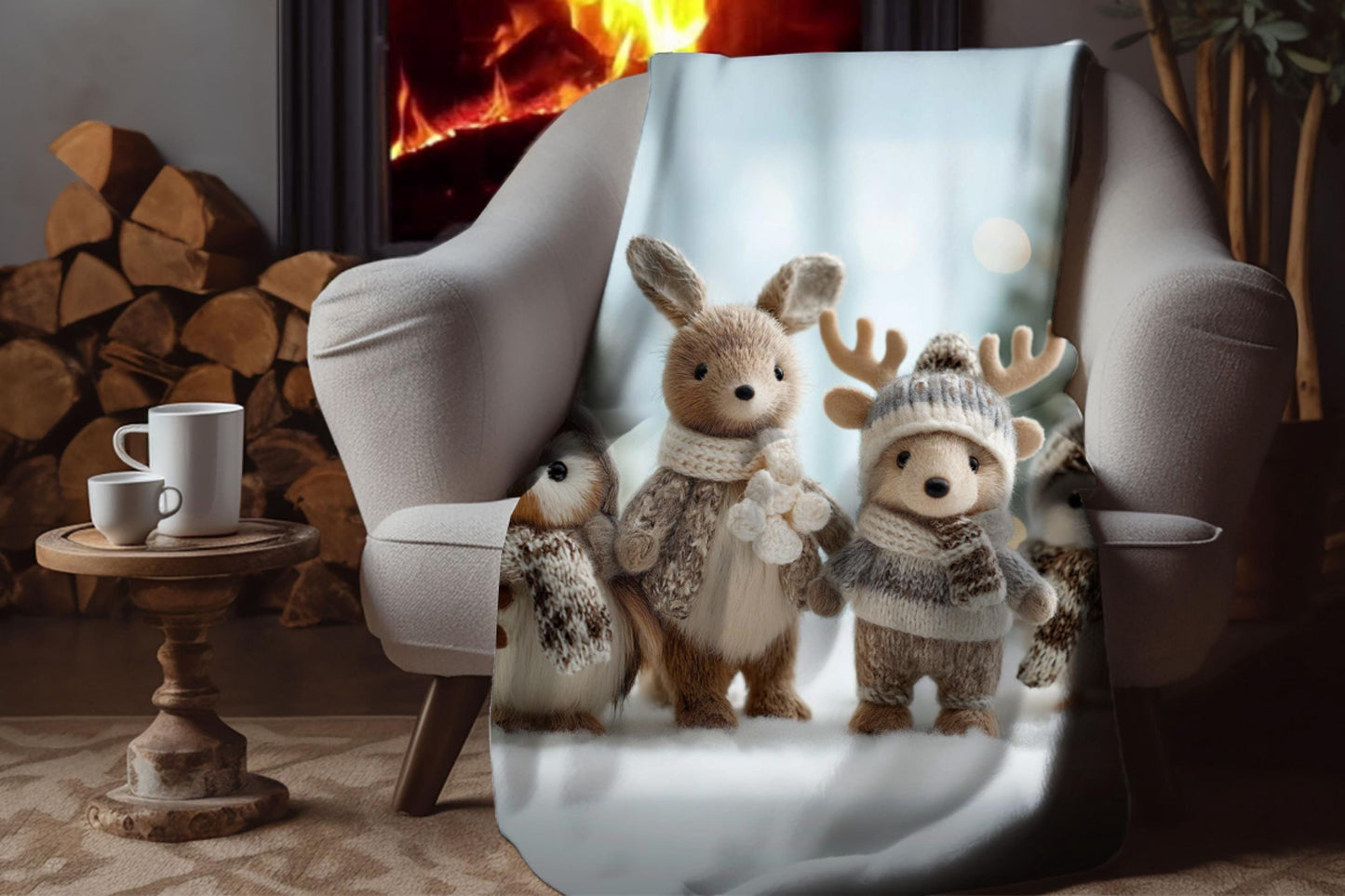 Winter Woodland Animal Sherpa Blanket – Cozy Plush Creatures, Neutral Holiday Kids Throw