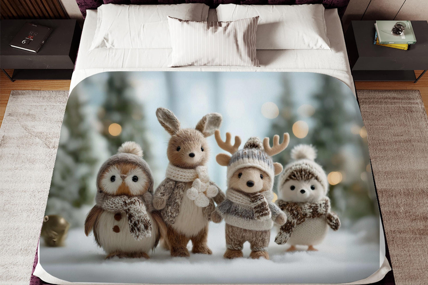 Winter Woodland Animal Sherpa Blanket – Cozy Plush Creatures, Neutral Holiday Kids Throw