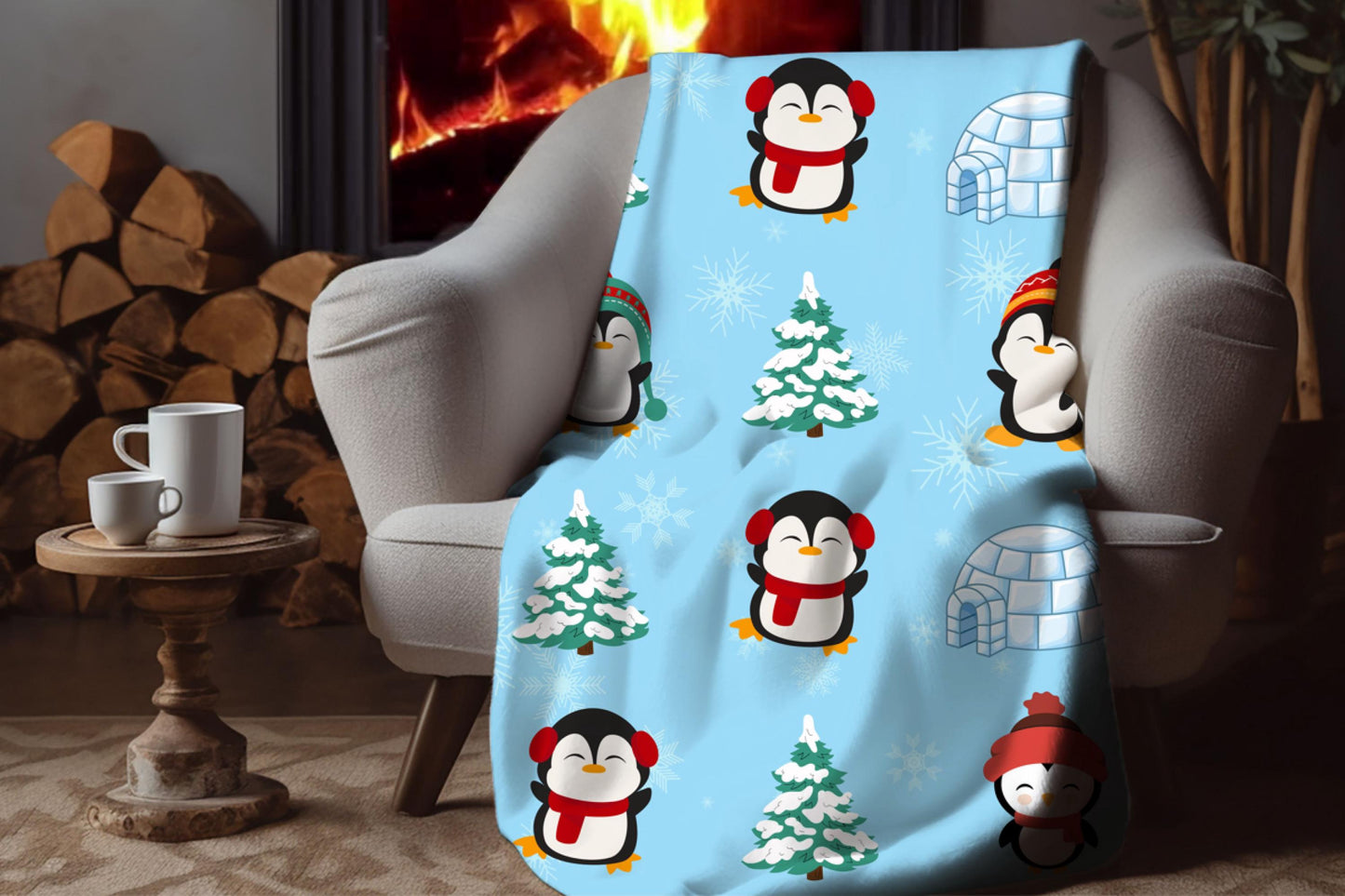 Cute Penguin Sherpa Blanket – Winter Igloo Snowflake Kids Cozy Throw
