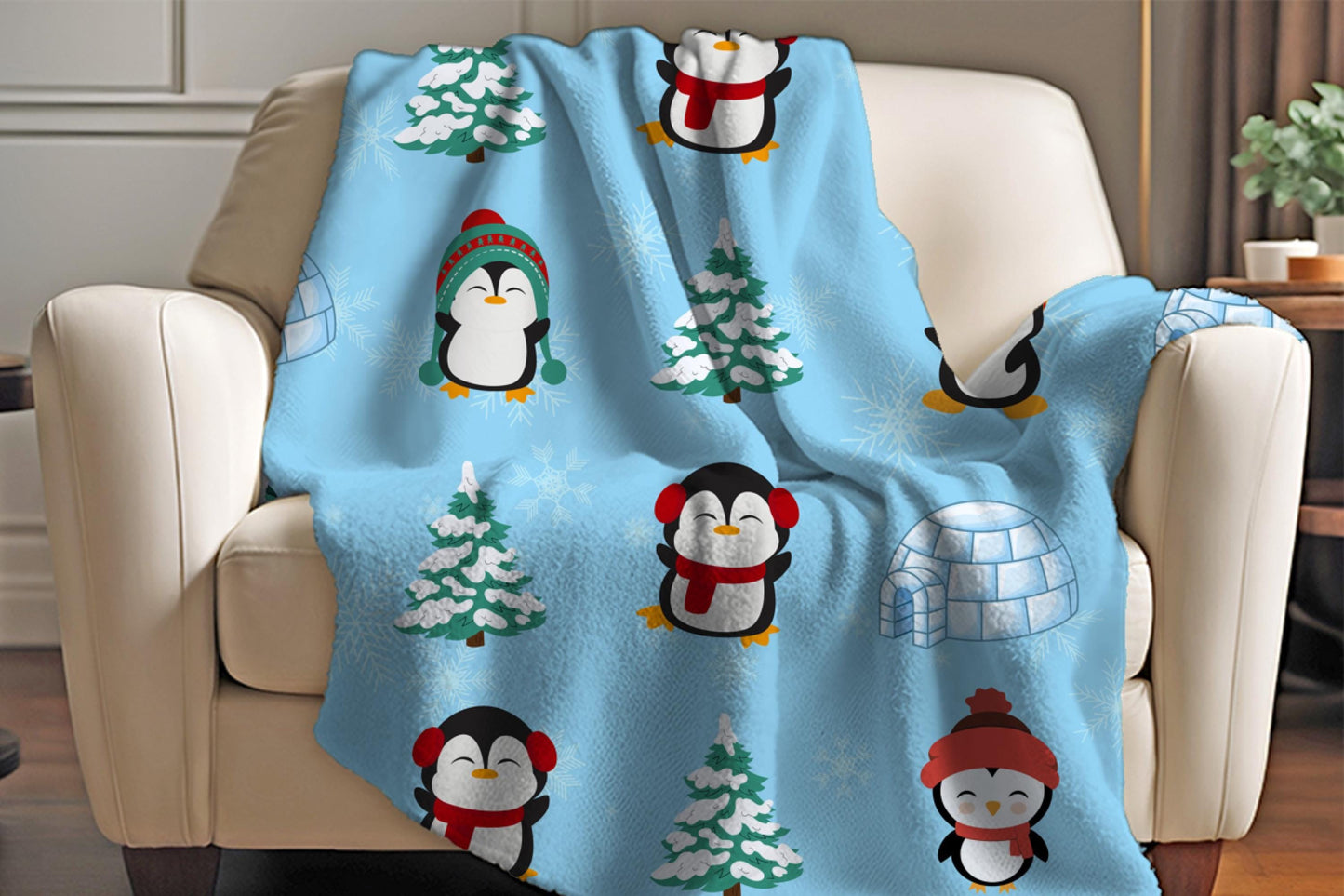 Cute Penguin Sherpa Blanket – Winter Igloo Snowflake Kids Cozy Throw