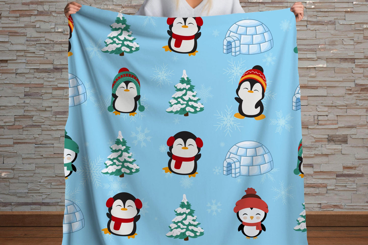 Cute Penguin Sherpa Blanket – Winter Igloo Snowflake Kids Cozy Throw