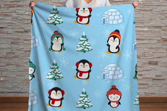 Cute Penguin Sherpa Blanket – Winter Igloo Snowflake Kids Cozy Throw