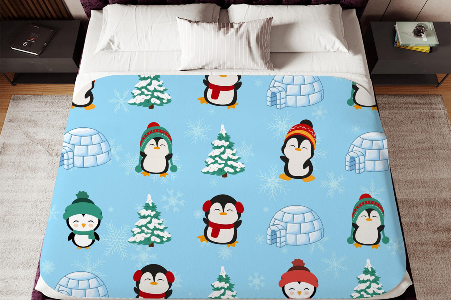 Cute Penguin Sherpa Blanket – Winter Igloo Snowflake Kids Cozy Throw