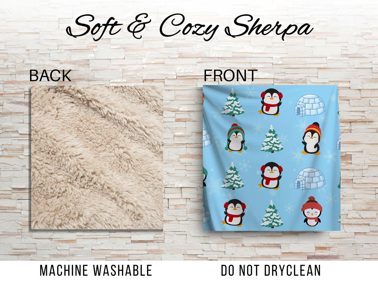 Cute Penguin Sherpa Blanket – Winter Igloo Snowflake Kids Cozy Throw