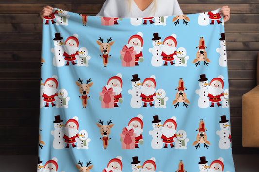 Santa Snowman Sherpa Blanket – Cute Reindeer Christmas Kids Cozy Throw