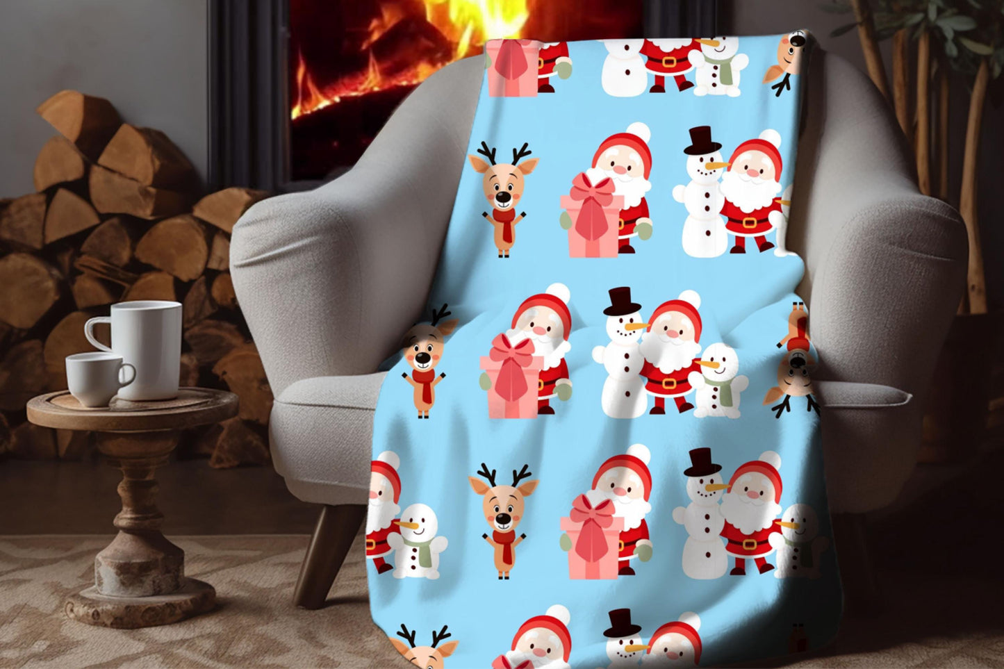 Santa Snowman Sherpa Blanket – Cute Reindeer Christmas Kids Cozy Throw