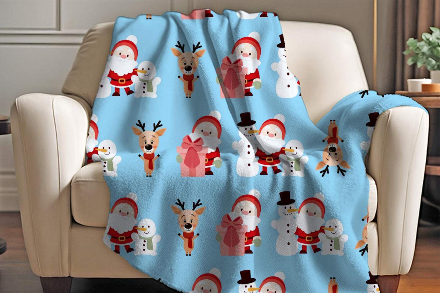Santa Snowman Sherpa Blanket – Cute Reindeer Christmas Kids Cozy Throw