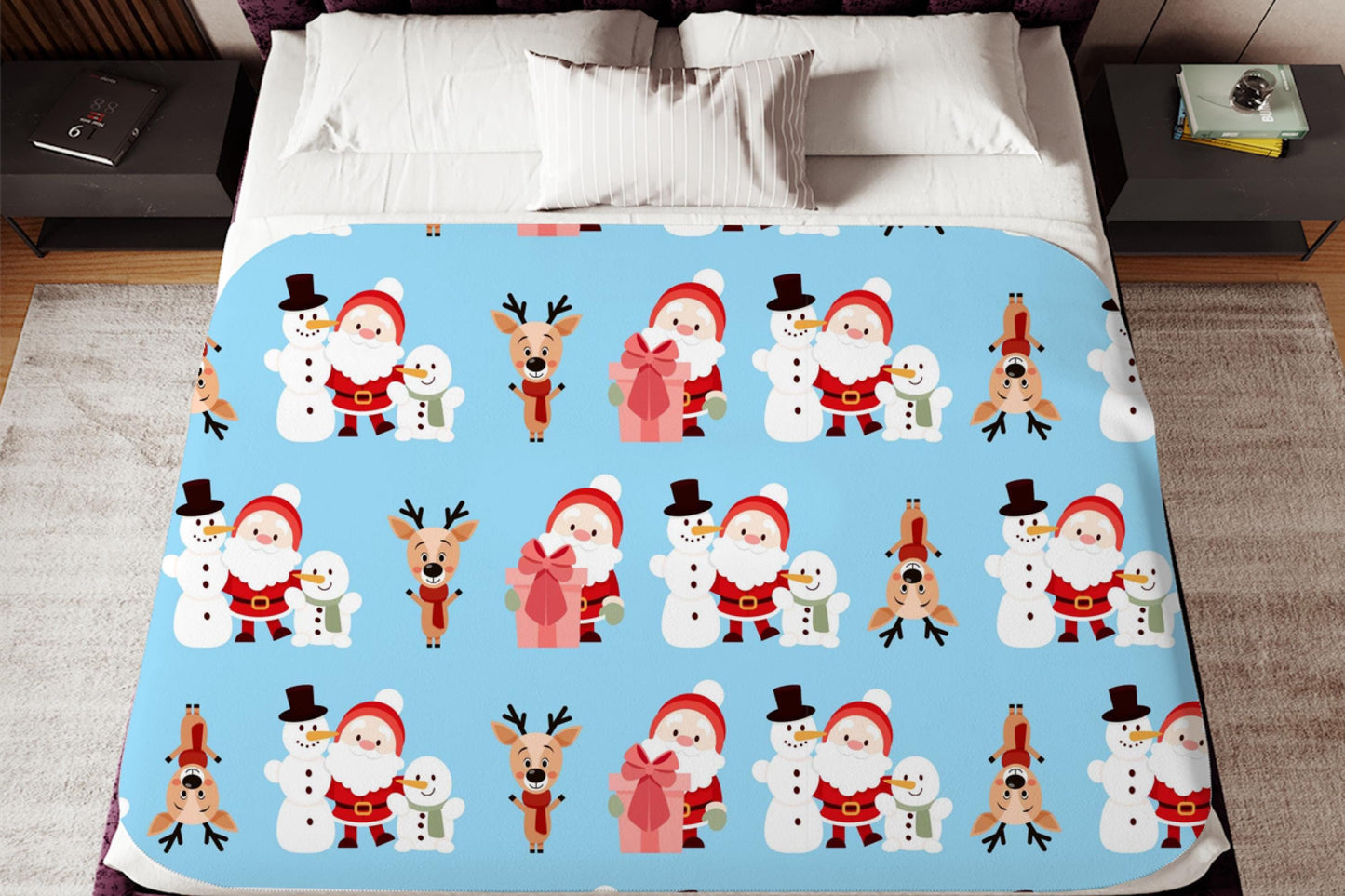 Santa Snowman Sherpa Blanket – Cute Reindeer Christmas Kids Cozy Throw