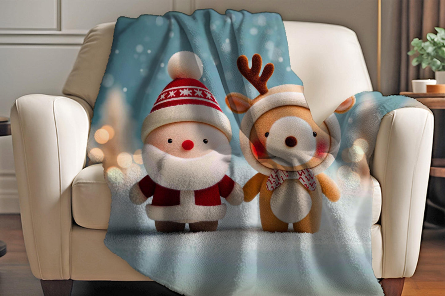 Santa Reindeer Sherpa Blanket – Cute Christmas Plush Art Cozy Holiday Throw