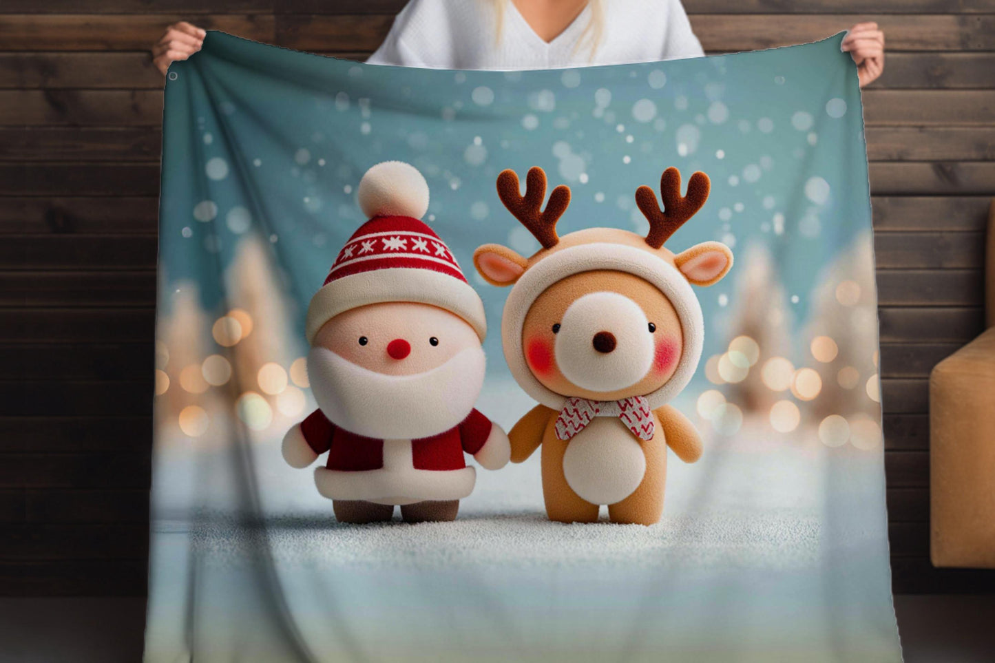 Santa Reindeer Sherpa Blanket – Cute Christmas Plush Art Cozy Holiday Throw