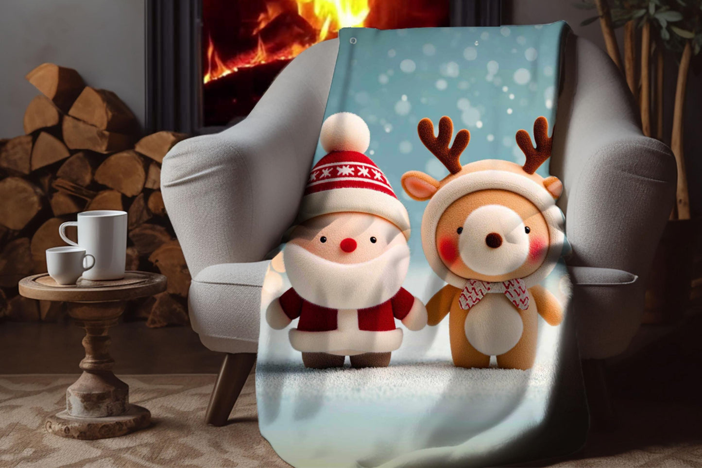 Santa Reindeer Sherpa Blanket – Cute Christmas Plush Art Cozy Holiday Throw