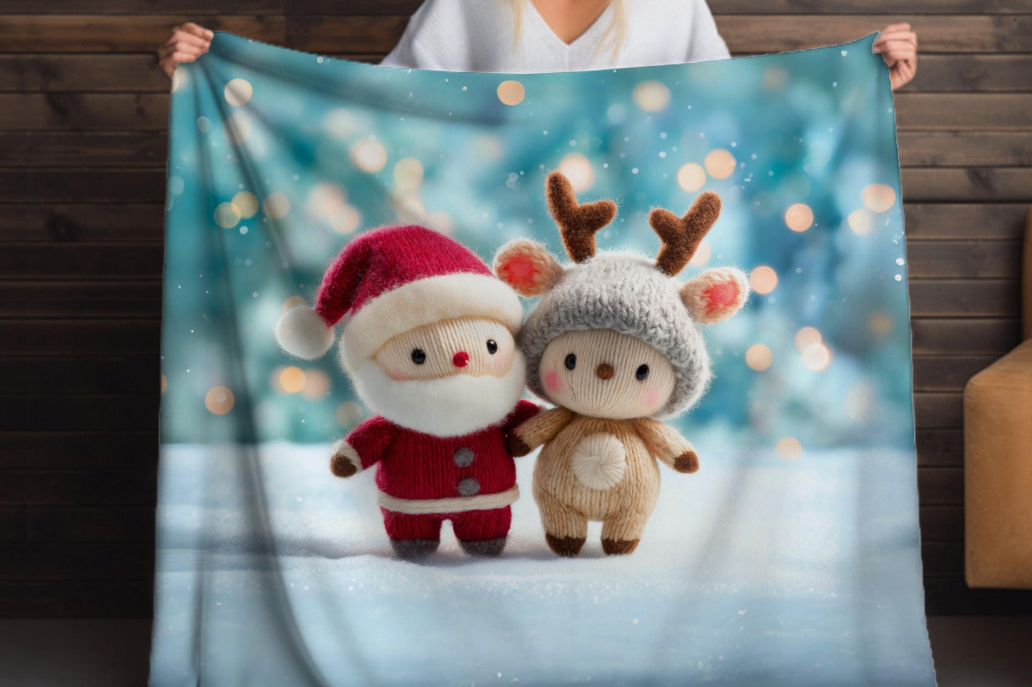 Santa Reindeer Sherpa Blanket – Cute Christmas Plush Art Winter Holiday Throw