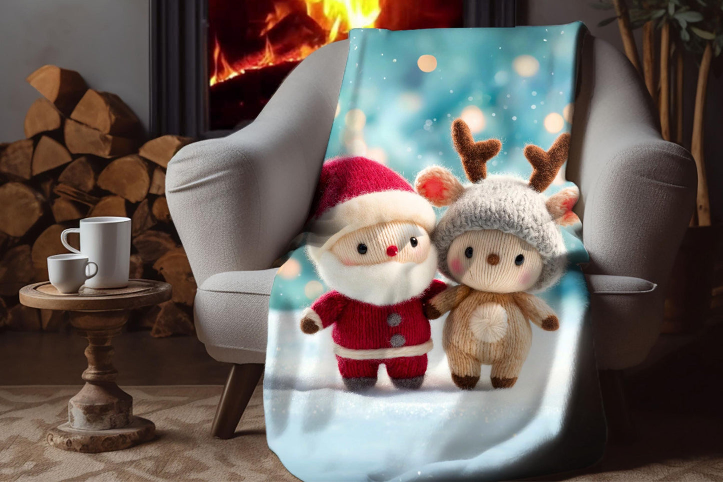 Santa Reindeer Sherpa Blanket – Cute Christmas Plush Art Winter Holiday Throw