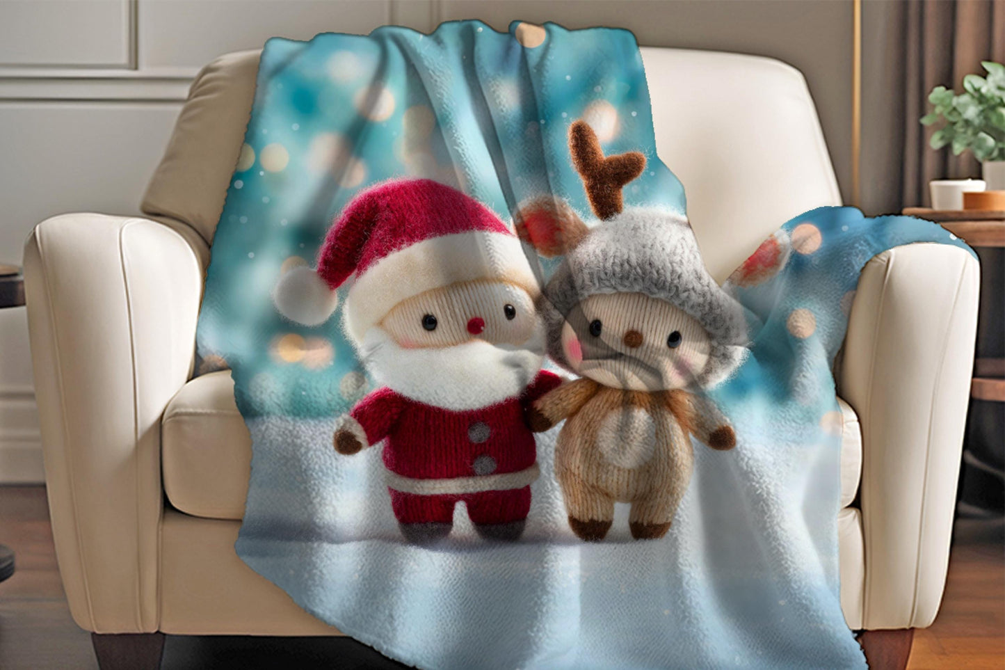 Santa Reindeer Sherpa Blanket – Cute Christmas Plush Art Winter Holiday Throw