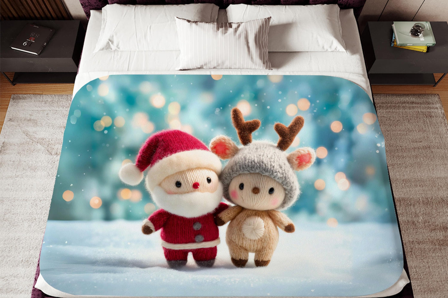 Santa Reindeer Sherpa Blanket – Cute Christmas Plush Art Winter Holiday Throw