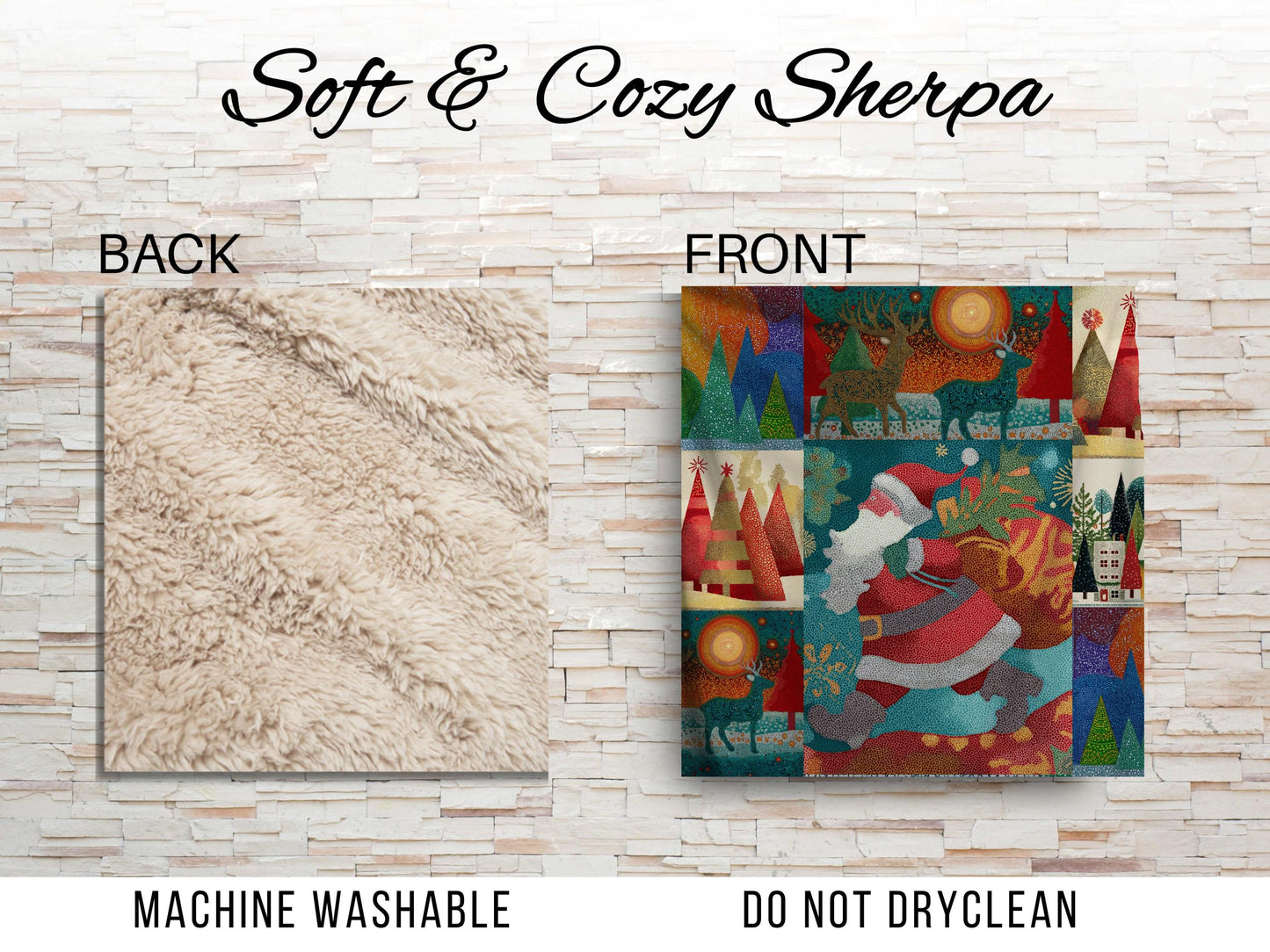 Santa Christmas Sherpa Blanket – Colorful Holiday Trees Reindeer Pointillism Art Throw