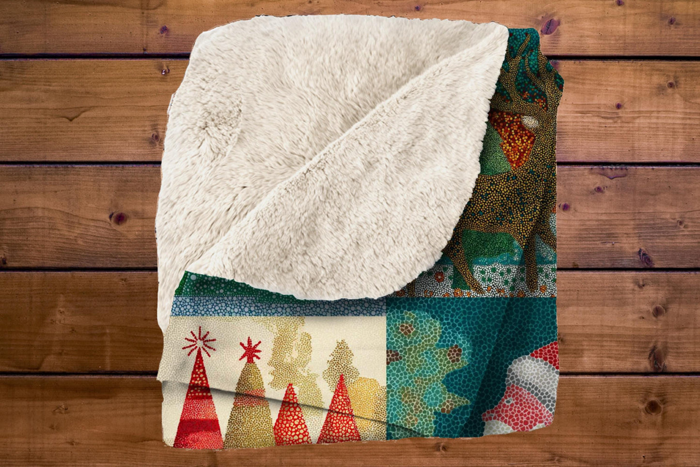 Santa Christmas Sherpa Blanket – Colorful Holiday Trees Reindeer Pointillism Art Throw