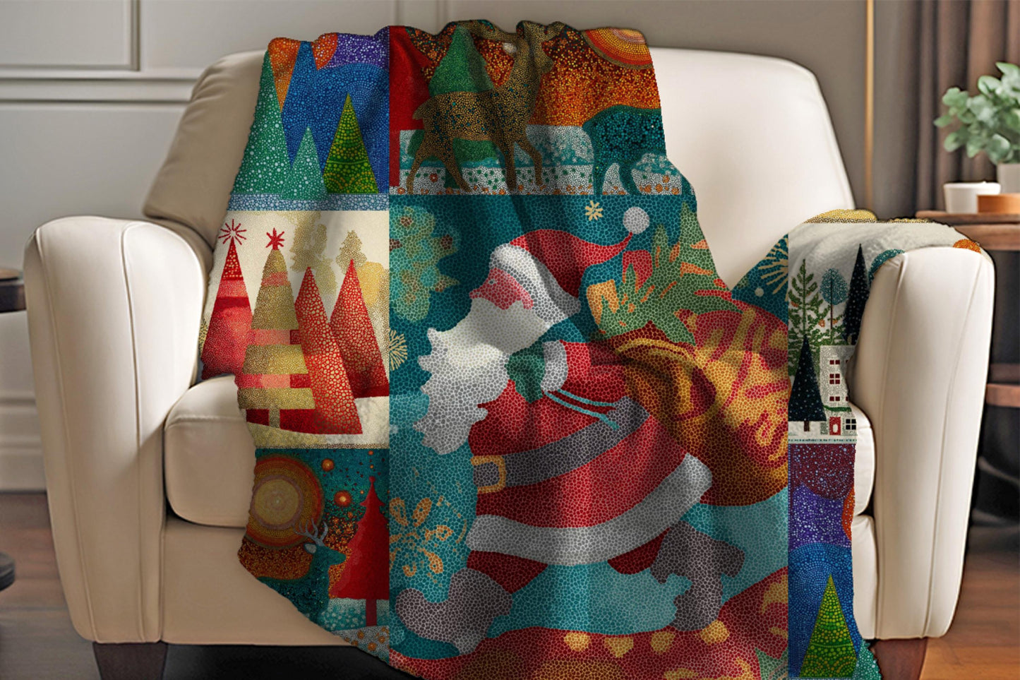 Santa Christmas Sherpa Blanket – Colorful Holiday Trees Reindeer Pointillism Art Throw