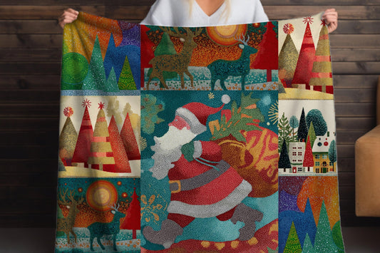 Santa Christmas Sherpa Blanket – Colorful Holiday Trees Reindeer Pointillism Art Throw