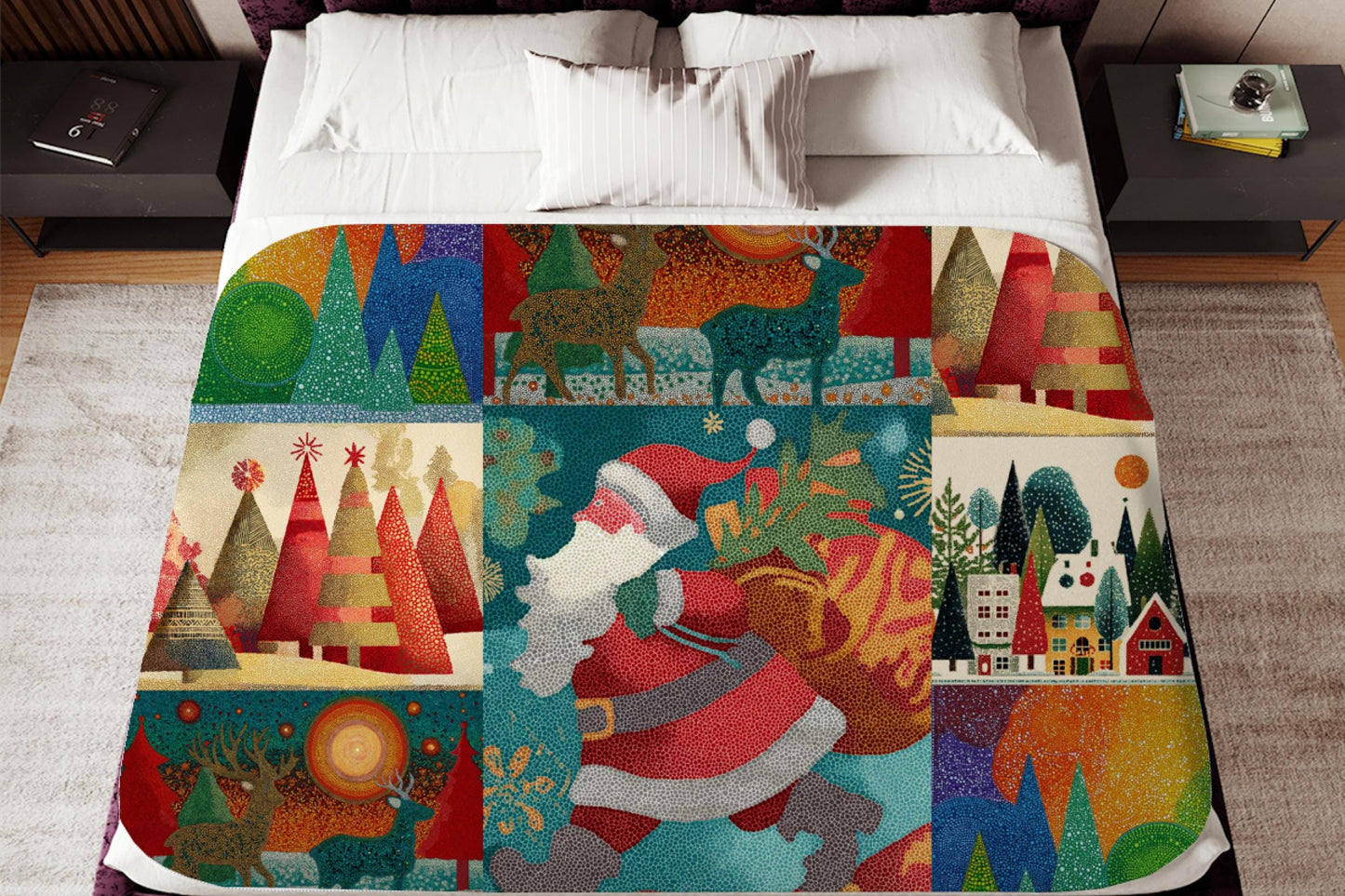 Santa Christmas Sherpa Blanket – Colorful Holiday Trees Reindeer Pointillism Art Throw