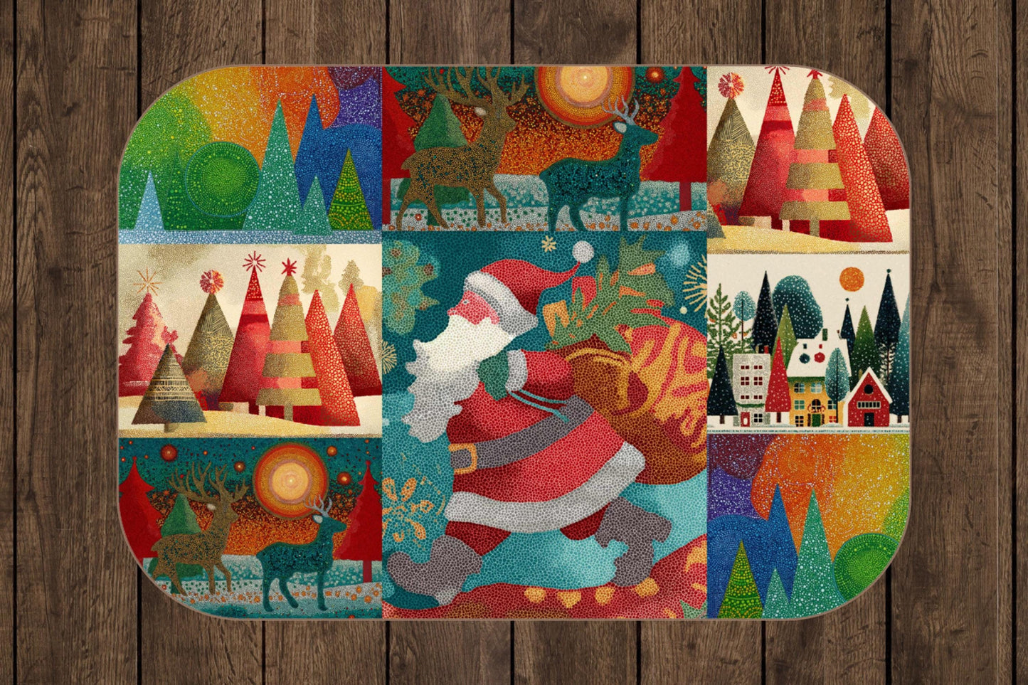 Santa Christmas Sherpa Blanket – Colorful Holiday Trees Reindeer Pointillism Art Throw