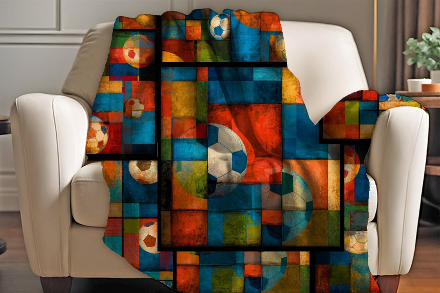 Soccer Sherpa Throw Blanket with Abstract Geometric Design