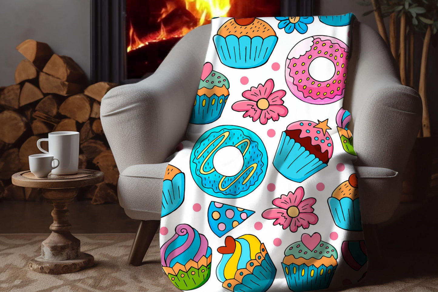 Cupcake Sherpa Throw Blanket with Colorful Dessert Design