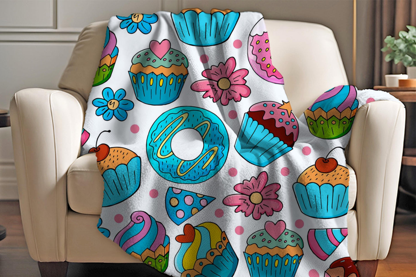 Cupcake Sherpa Throw Blanket with Colorful Dessert Design