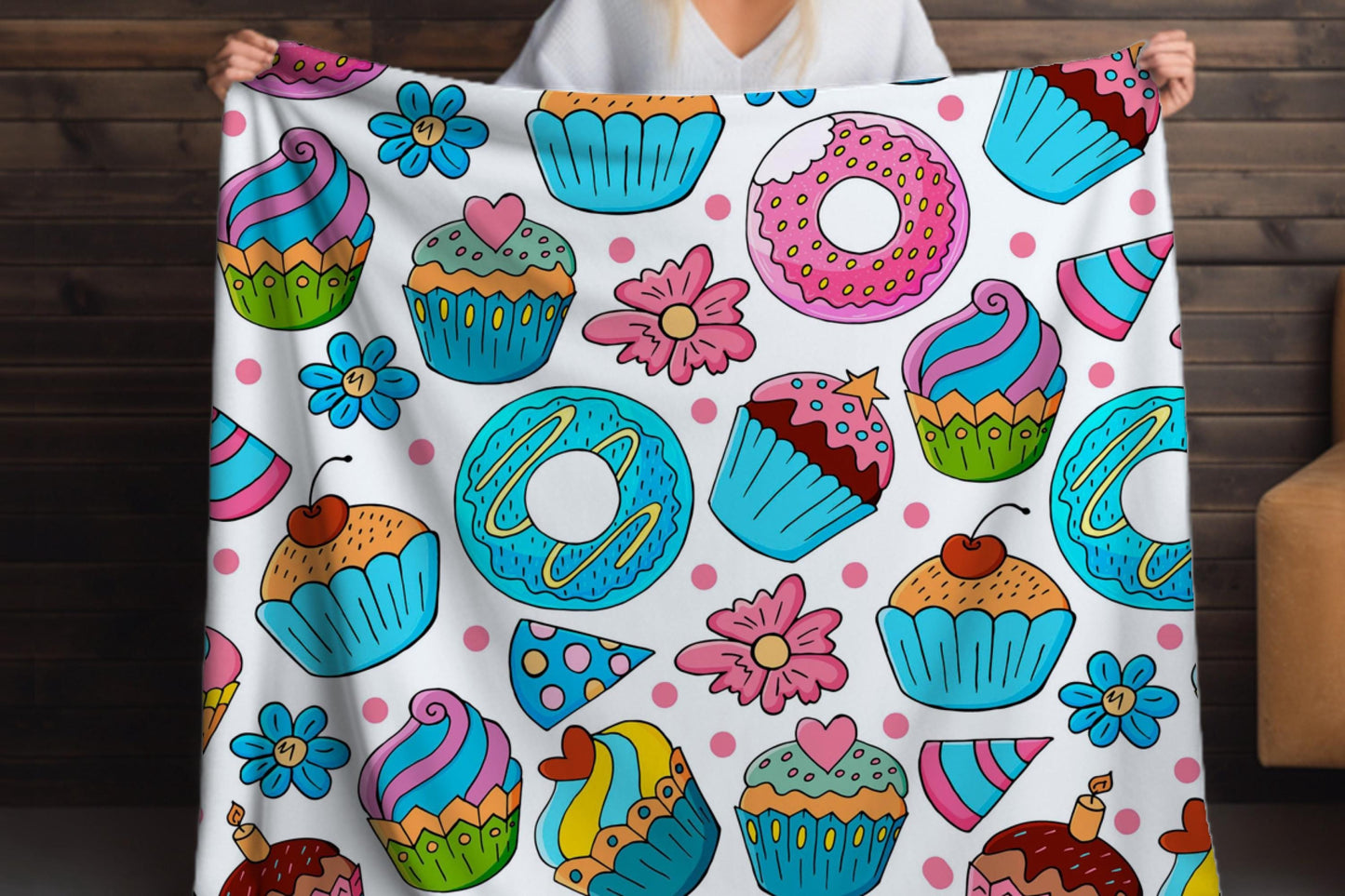 Cupcake Sherpa Throw Blanket with Colorful Dessert Design