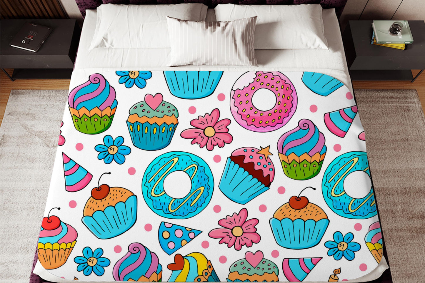 Cupcake Sherpa Throw Blanket with Colorful Dessert Design