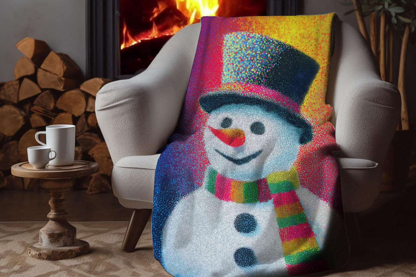 Snowman Sherpa Throw Blanket with Colorful Pointillism Design