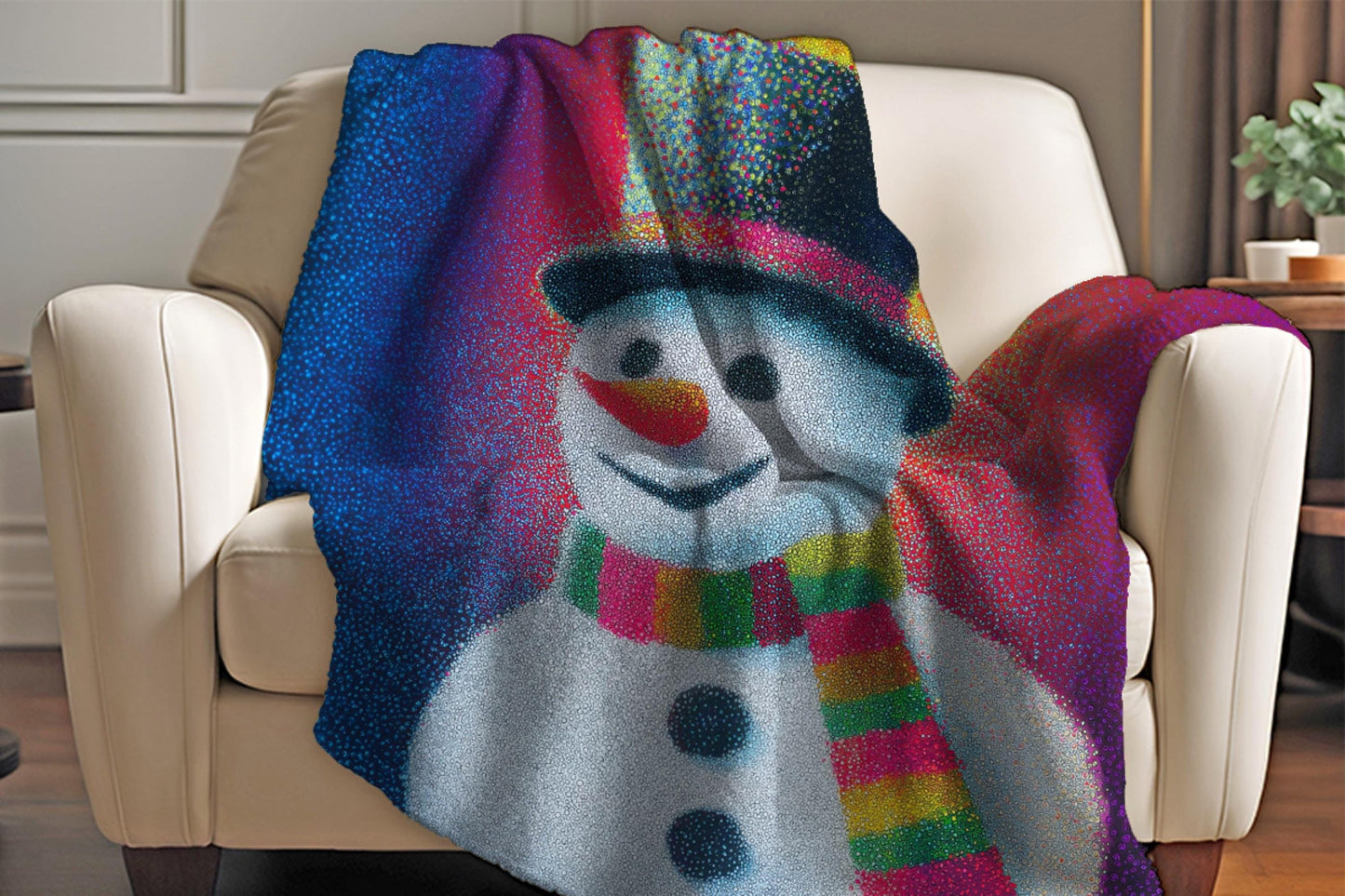 Snowman Sherpa Throw Blanket with Colorful Pointillism Design