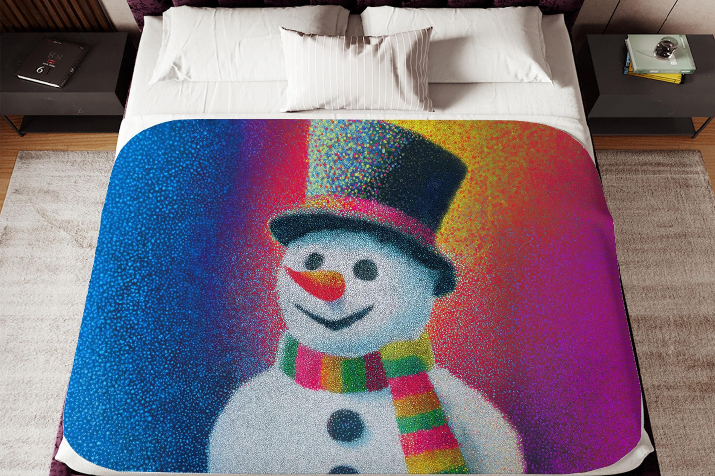 Snowman Sherpa Throw Blanket with Colorful Pointillism Design