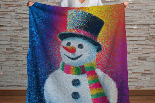 Snowman Sherpa Throw Blanket with Colorful Pointillism Design