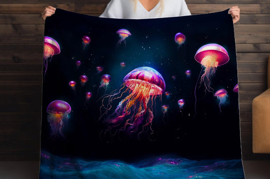 Jellyfish Sherpa Throw Blanket with Glowing Ocean Design