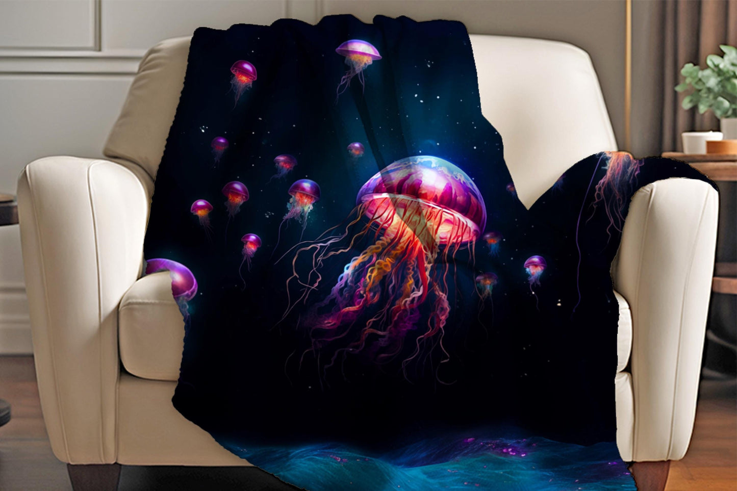 Jellyfish Sherpa Throw Blanket with Glowing Ocean Design