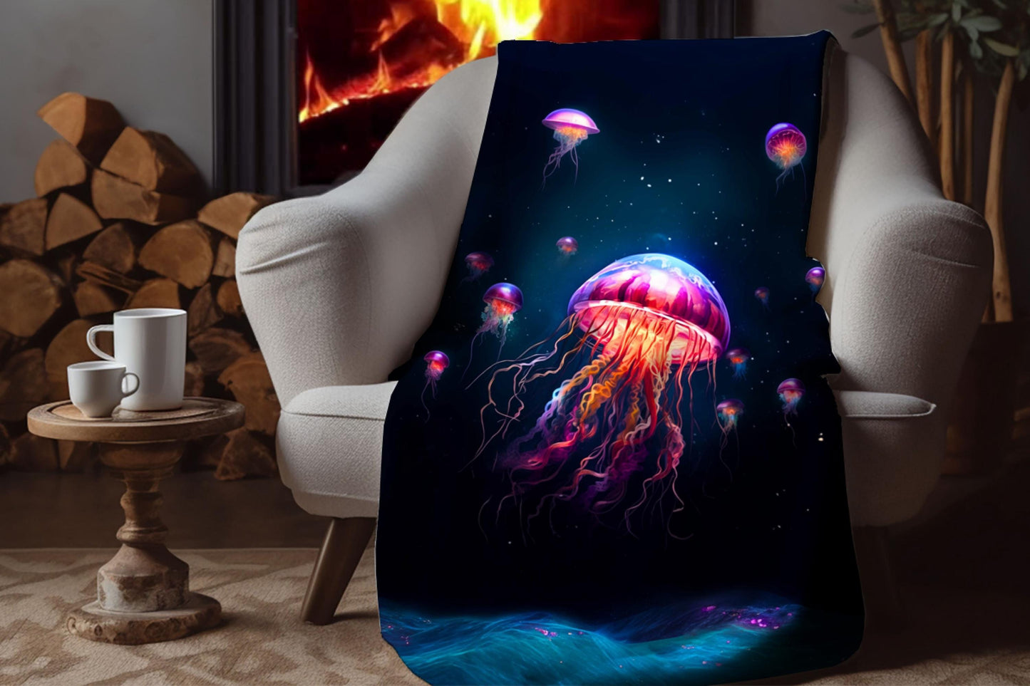 Jellyfish Sherpa Throw Blanket with Glowing Ocean Design