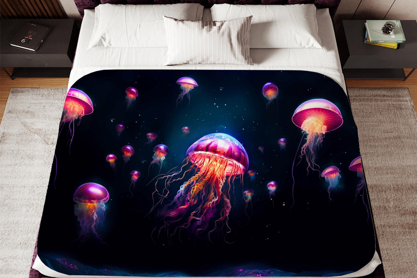 Jellyfish Sherpa Throw Blanket with Glowing Ocean Design