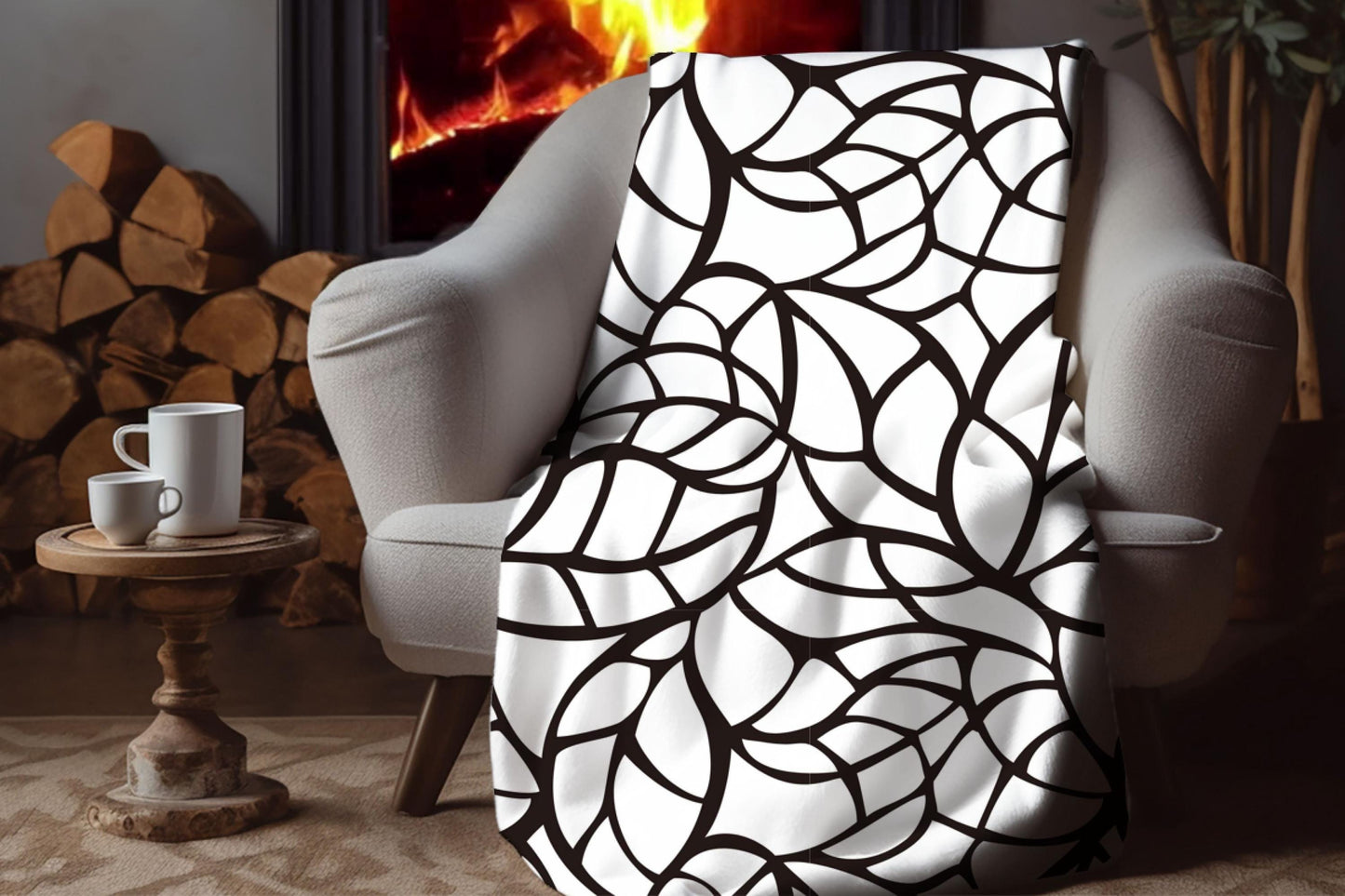 Black White Sherpa Throw Blanket Leaf Line Art Design