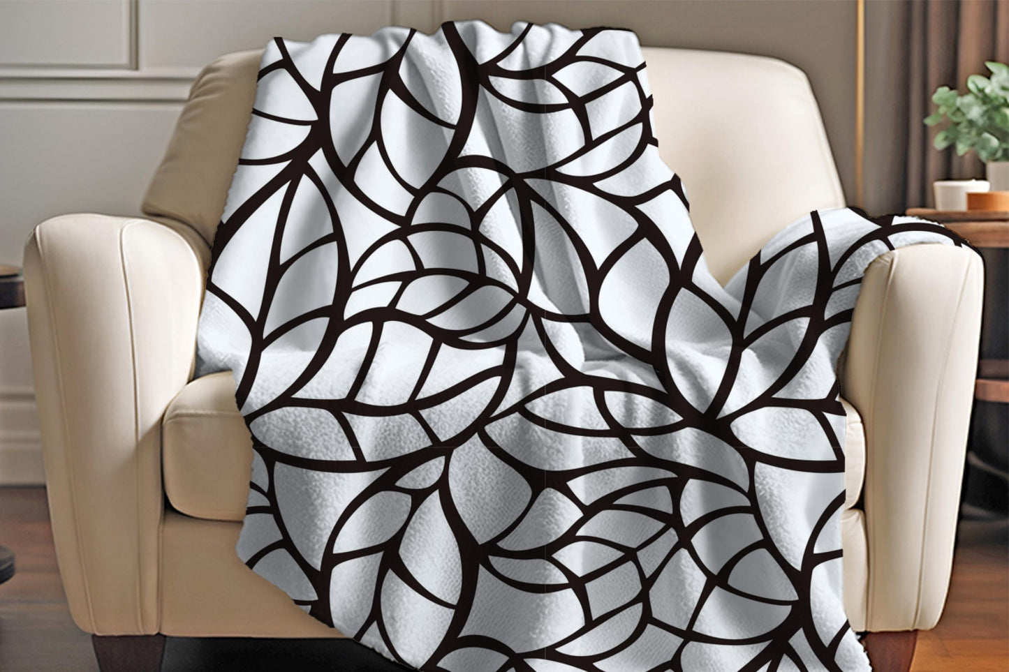Black White Sherpa Throw Blanket Leaf Line Art Design